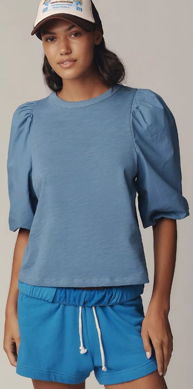 Nation Los Angeles Tippi Puff-Sleeve Top Blue Pure Cotton Womens XS Casual